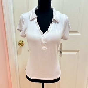 NWT - Madden Girl White Knit Ribbed Button Front Short Sleeve V-Neck Polo - XL